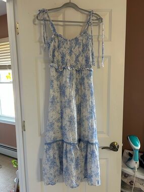 Blu Pepper Floral Smocked Midi Dress - Blue Floral Cottagecore Toile